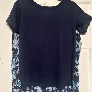 Blue Short Sleeve Floral Black Pleated T-Shirt